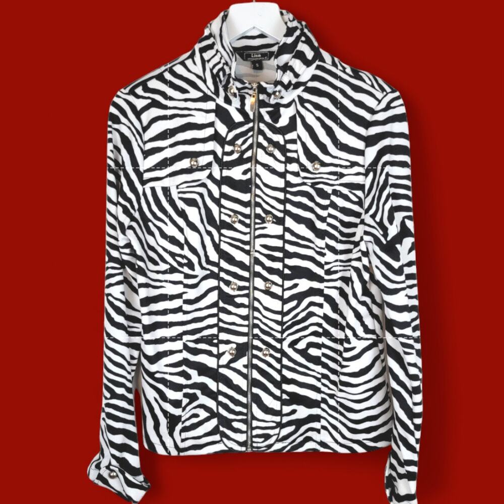NEW Lisa International Animal Print Zebra Moto Zip Front Jacket Size Small